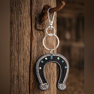 Beaded Horseshoe Keychain in Black, Silver & Turquoise